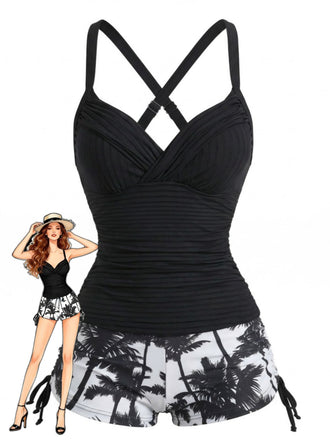 [Pre-Vendita] Set Tankini Increspato con Lacci a Stampa Palme Nero Anni '50