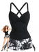 [Pre-Vendita] Set Tankini Increspato con Lacci a Stampa Palme Nero Anni '50