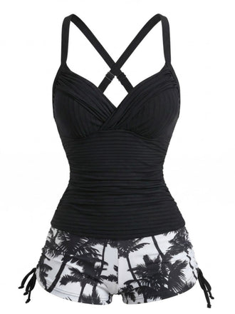 [Pre-Vendita] Set Tankini Increspato con Lacci a Stampa Palme Nero Anni '50 2