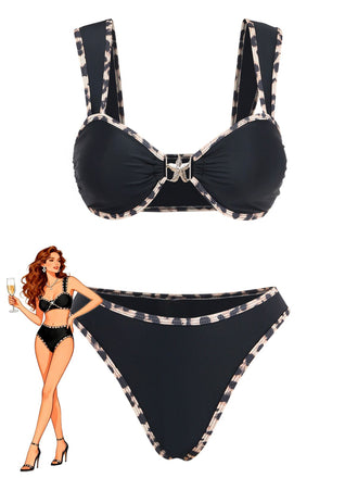 [Pre-Vendita] Set Bikini con Ornamenti Metallici a Stella di Mare e Bordo Leopardato Nero Anni '50
