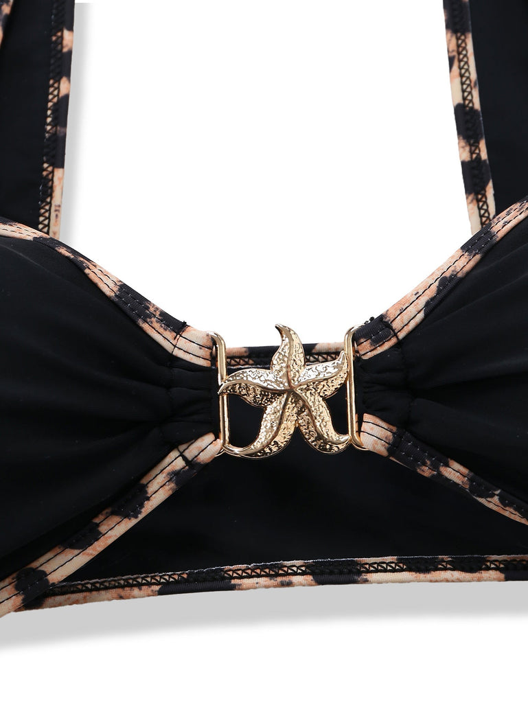 [Pre-Vendita] Set Bikini con Ornamenti Metallici a Stella di Mare e Bordo Leopardato Nero Anni '50 4