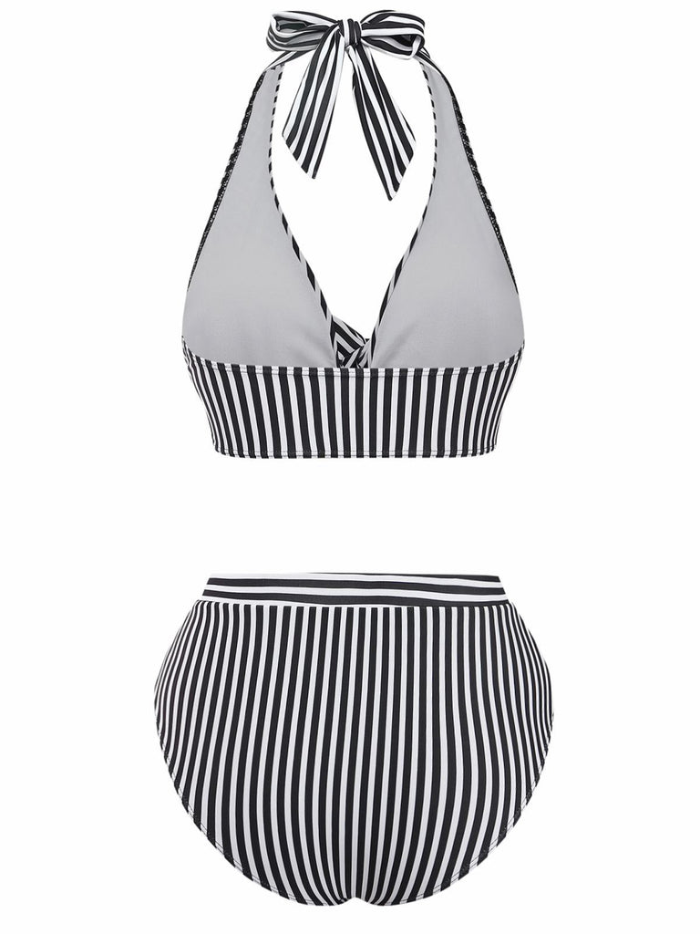 Set Tankini Nero Anni '50 a Righe con Scollo all'americana