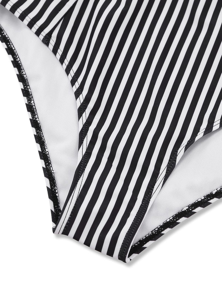 Set Tankini Nero Anni '50 a Righe con Scollo all'americana