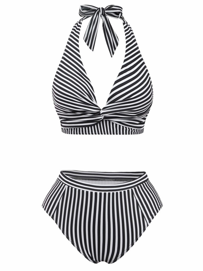 Set Tankini Nero Anni '50 a Righe con Scollo all'americana