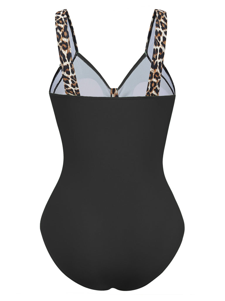 Black 1950s vintage leopard print swimsuit back view showcasing retro silhouette and classic animal pattern perfect for vintage-themed pool parties and rockabilly beach style