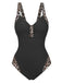 Black 1950s vintage leopard print swimsuit front view featuring retro styling and classic animal pattern ideal for pinup-inspired beach looks