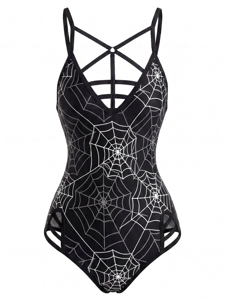 [Prevendita] Costume da Bagno Intero Gotico con Stampa Ragnatela Nero Anni '50 2