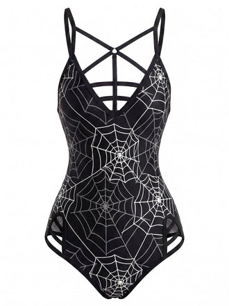 [Prevendita] Costume da Bagno Intero Gotico con Stampa Ragnatela Nero Anni '50 2