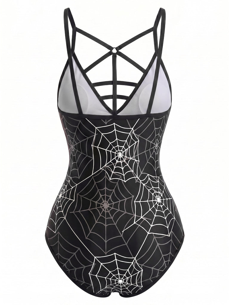 [Prevendita] Costume da Bagno Intero Gotico con Stampa Ragnatela Nero Anni '50 5