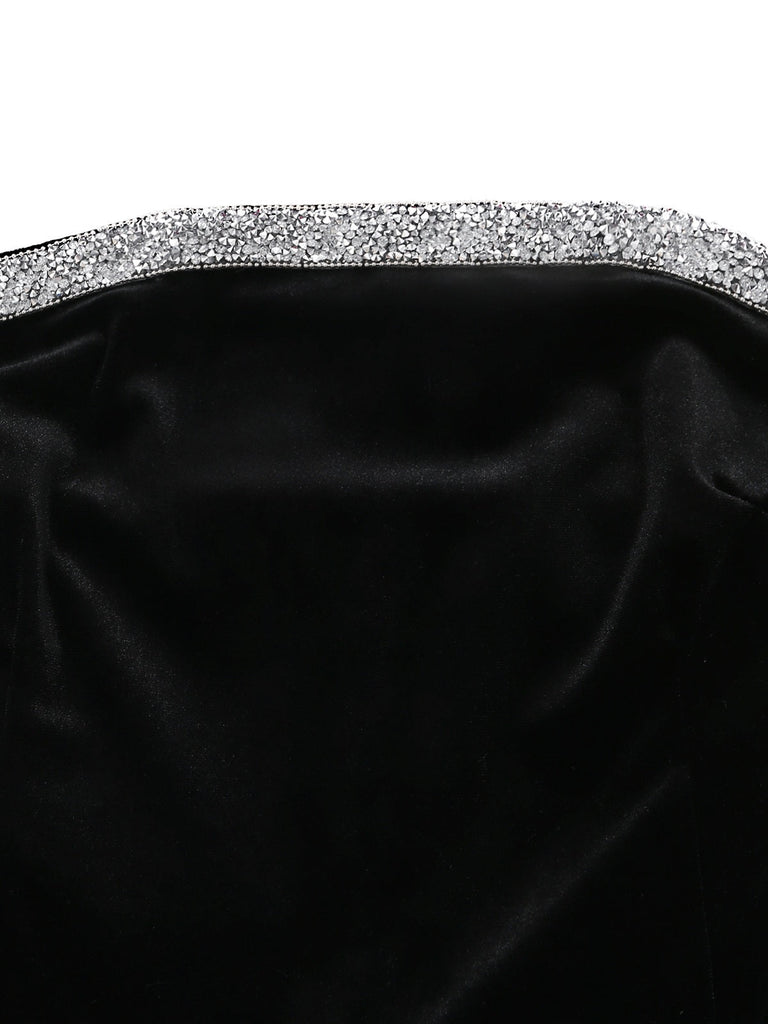 Tuta Lunga Nero Anni '50 in Velluto Senza Spalline con Strass