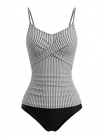 Set Tankini a Righe Spalline Sottili Nero Anni '50 2