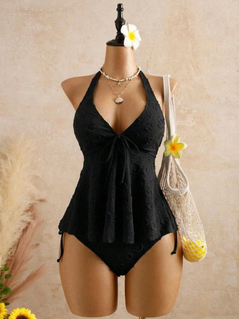 Set Tankini Textured Floreale Halter Deep V Anni '50 10