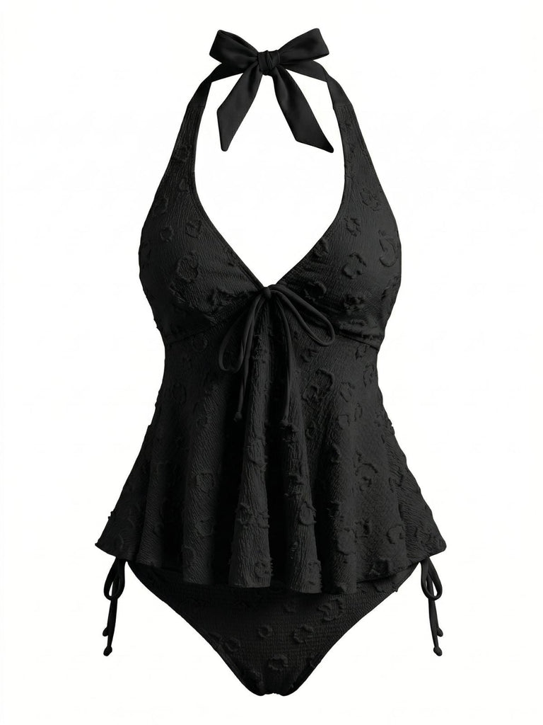 Set Tankini Textured Floreale Halter Deep V Anni '50 9