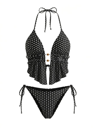[Pre-Vendita] Set Tankini con Schiena Scoperta a Pois Perla con Cut-Out Nero Anni '60