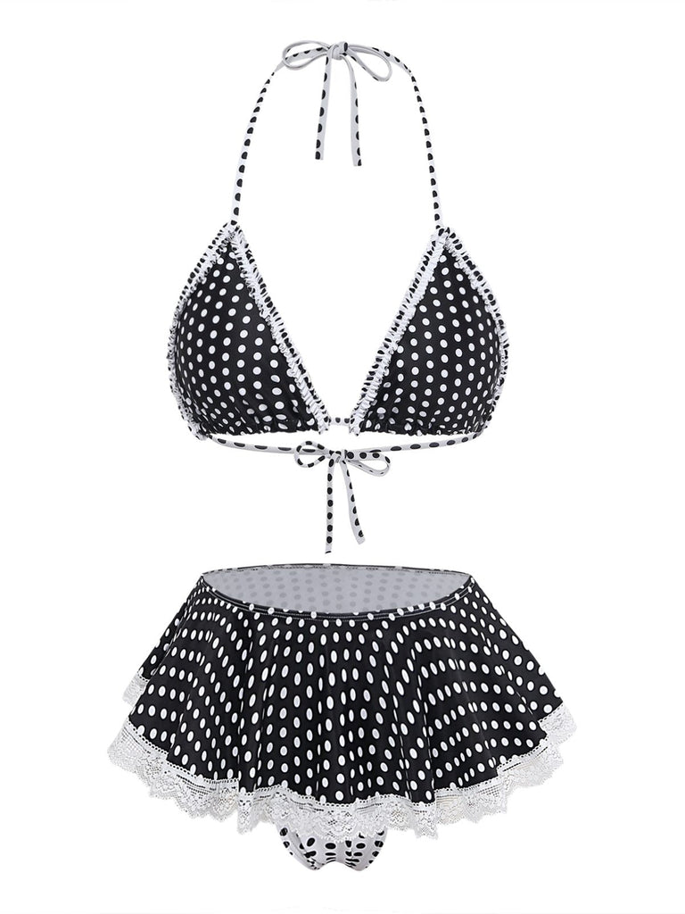 Set Bikini Nero a Pois in Pizzo Halter Anni '60 2