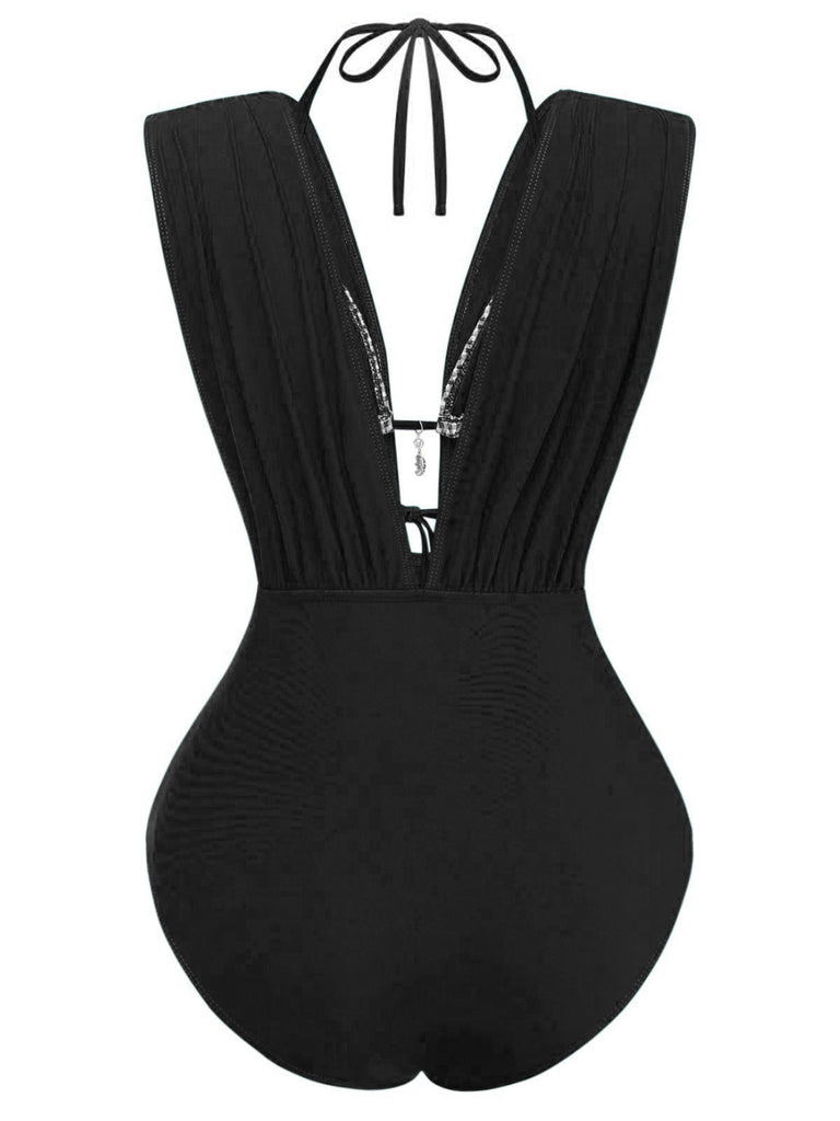 Black-1960s-plaid-halter-bikini-top-plunging-ruched-swimsuit-back-view