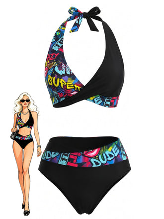 Costume da Bagno Halter con Stampa Graffiti Patchwork Schiena Scoperta Nero Anni '70