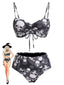 Set Bikini Nero Anni '80 Gotico con Stampa Teschi e Coulisse