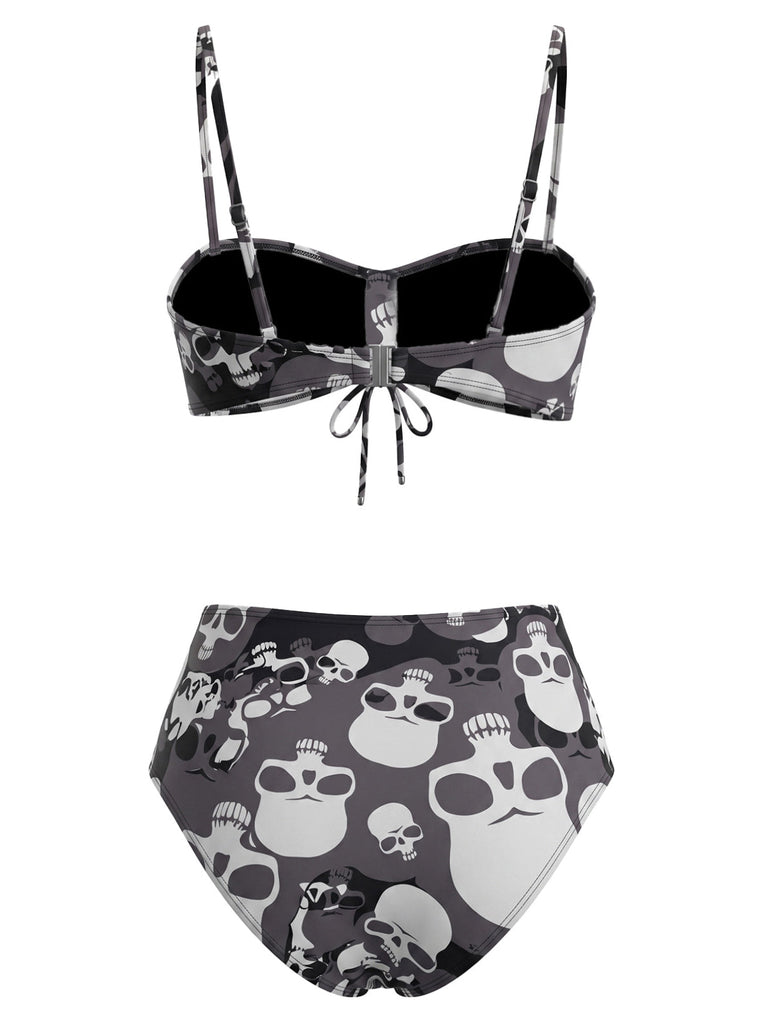 Set Bikini Gotico con Stampa Teschi e Coulisse Nero Anni '80 3