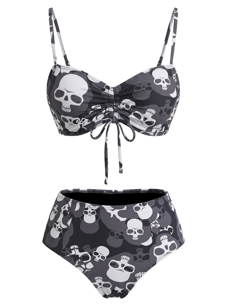 Set Bikini Gotico con Stampa Teschi e Coulisse Nero Anni '80 2