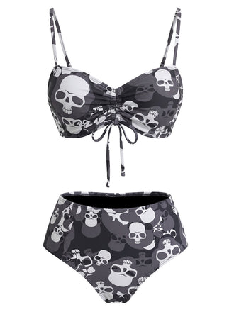 Set Bikini Gotico con Stampa Teschi e Coulisse Nero Anni '80 2