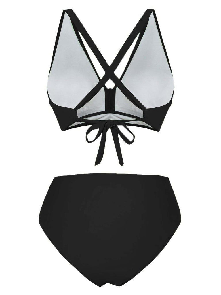 Vintage wrap bikini with crisscross top and high waist bottoms in 1950s retro style