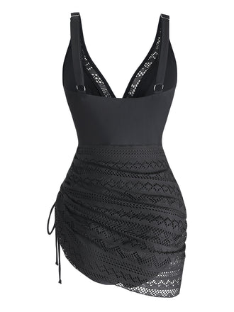 Costume Intero Nero in Pizzo con Scollo a V Ruched Anni '50 2
