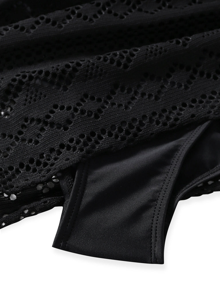 Costume Intero Nero in Pizzo con Scollo a V Ruched Anni '50 6