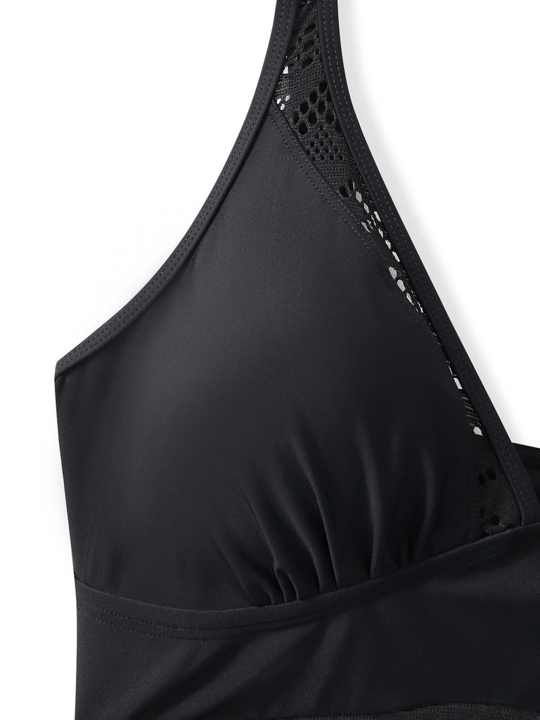 Costume Intero Nero in Pizzo con Scollo a V Ruched Anni '50 4