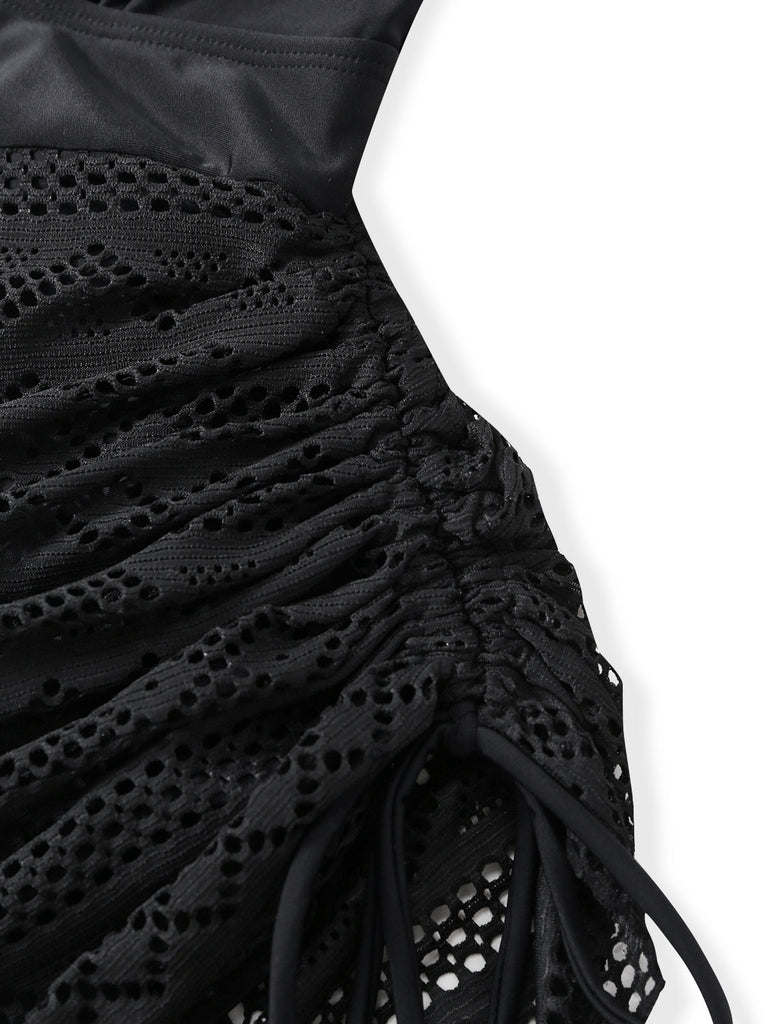 Costume Intero Nero in Pizzo con Scollo a V Ruched Anni '50 5
