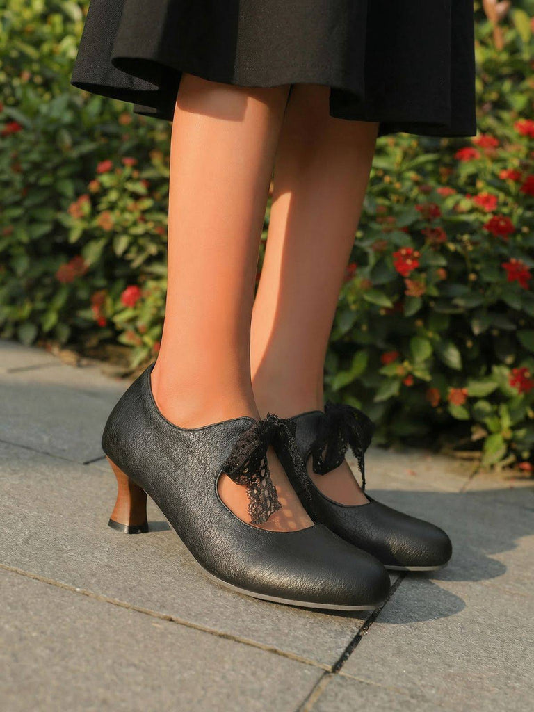 Scarpe Mary Jane con Pizzo e Fiocco con Tacco