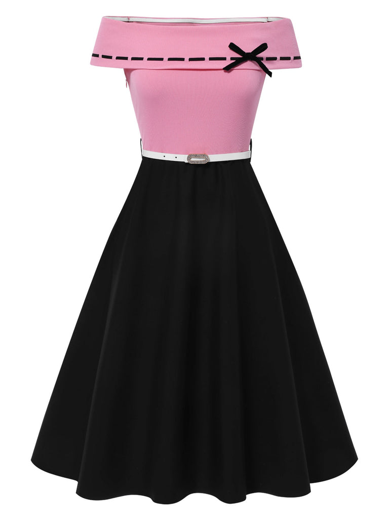 [Pre-Sale] Black & Pink 1950s Off-Shoulder Bow Patchwork Dress, vintage dress, retro fashion, rockabilly, pin-up fashion - perfect for women who love vintage and retro fashion