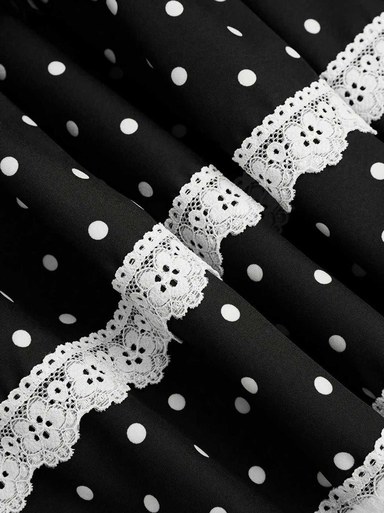 Black polka dot lace ruffle mini skirt fabric detail showcasing dotted texture and delicate lace quality for feminine vintage fashion