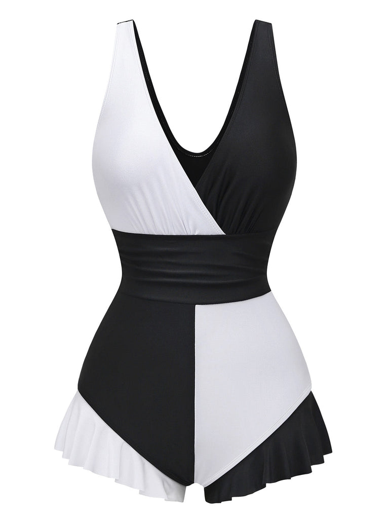 Black ruffle one-piece swimsuit front view for stylish beach and resort wear