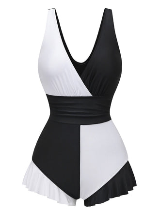 Black ruffle one-piece swimsuit front view for stylish beach and resort wear