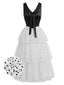 [Prevendita] Abito Nero e Bianco Anni '40 in Chiffon a Pois con Volant a Balze