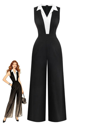 Black jumpsuit with white accents on a white background