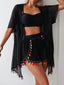 4PCS Completo bikini nero anni '70 boho a righe e copricostume con frange