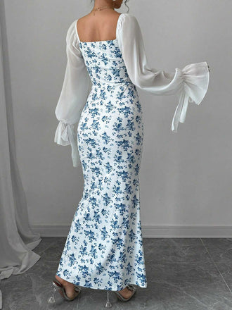 Blue 1930s Chiffon Sleeves Ditsy Floral Dress: where 1930s romance meets her modern spirit