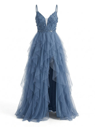 Abito da Sera a Balze in Tulle con Glitter e Spacco Anni '30