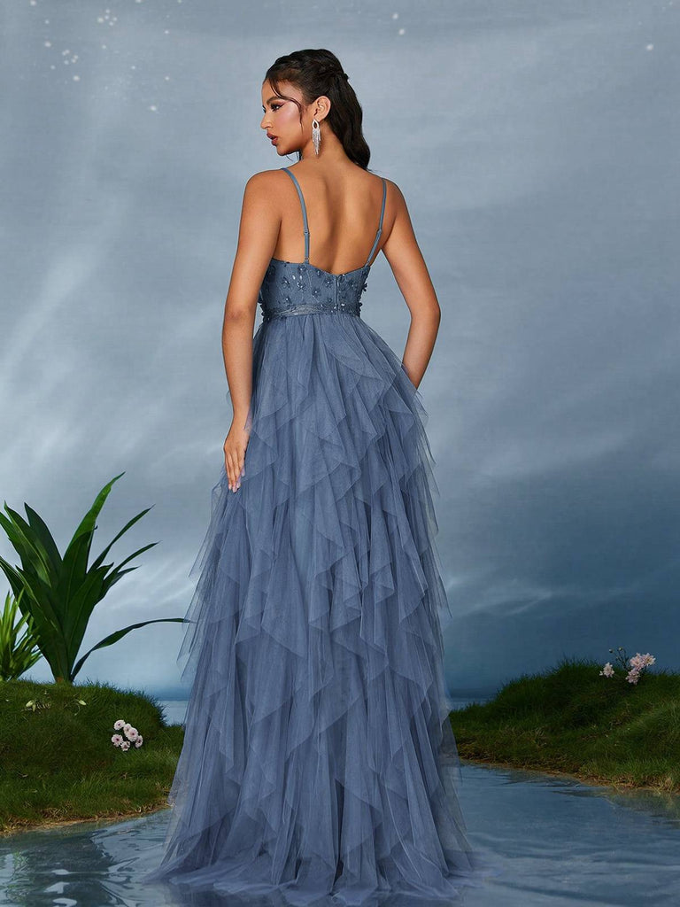 Abito da Sera a Balze in Tulle con Glitter e Spacco Anni '30