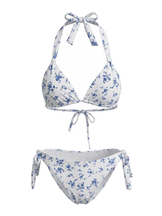 Blu Set Bikini a Fiori Minuti con Allacciatura al Collo e Laccio Dietro Anni '40 2