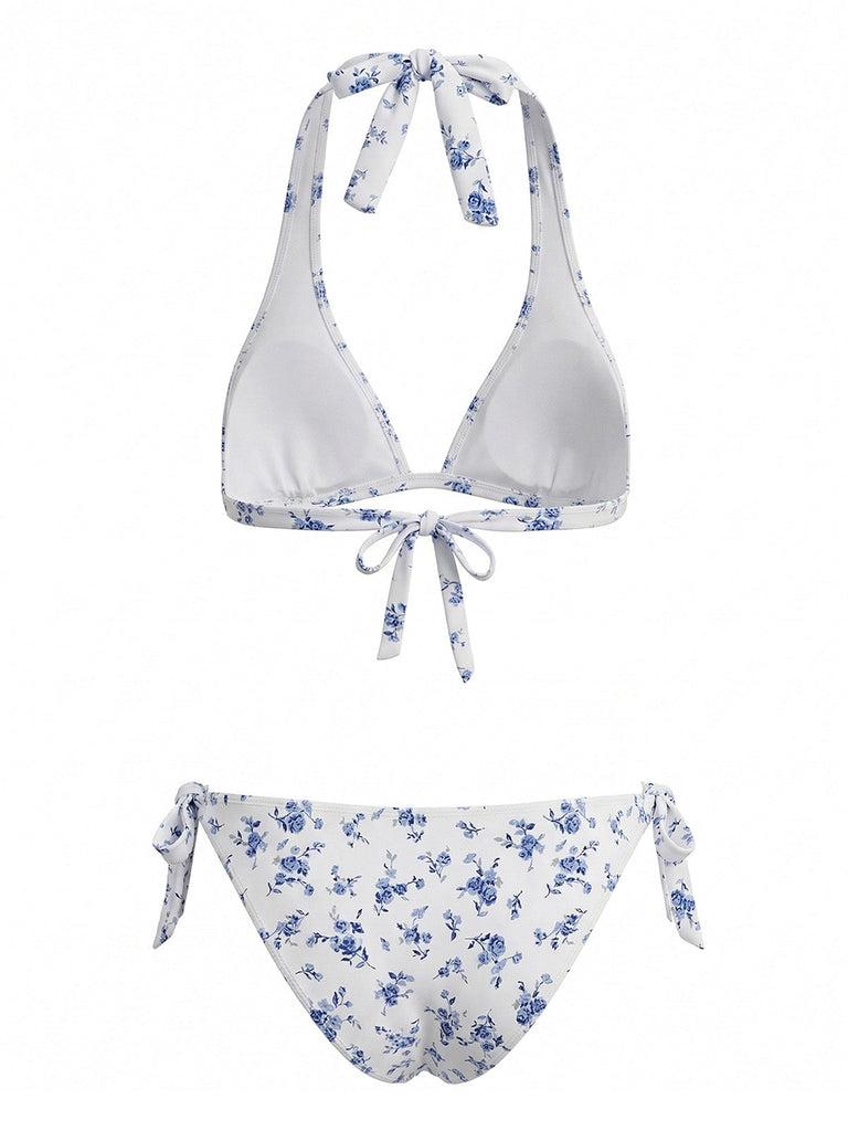 Blu Set Bikini a Fiori Minuti con Allacciatura al Collo e Laccio Dietro Anni '40 3