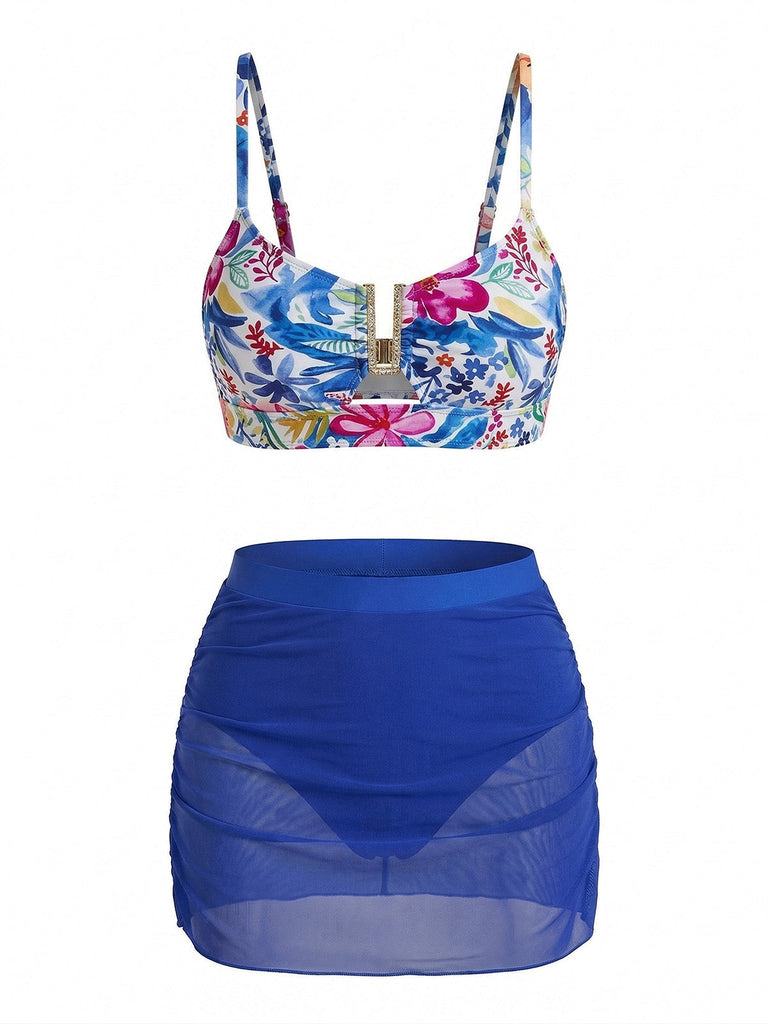 Set Tankini Floreale con Fibbia a U in Metallo a Vita Alta Anni '60 4