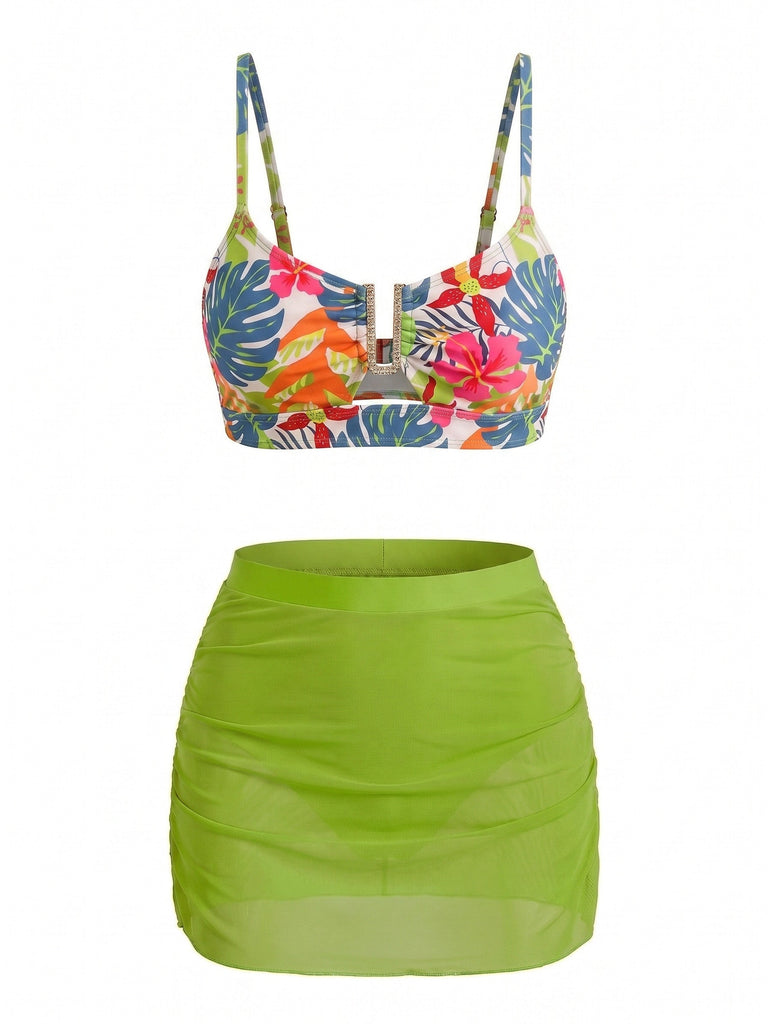 Set Tankini Floreale con Fibbia a U in Metallo a Vita Alta Anni '60 6