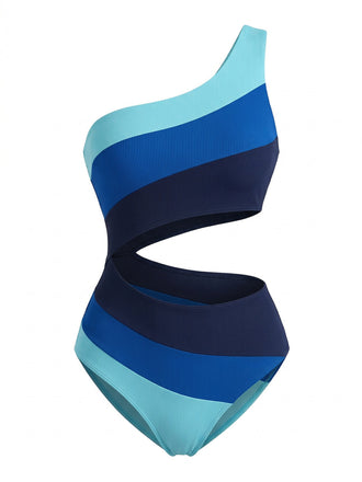 Costume Intero Blu Monospalla a Righe Color Block Anni '40 2