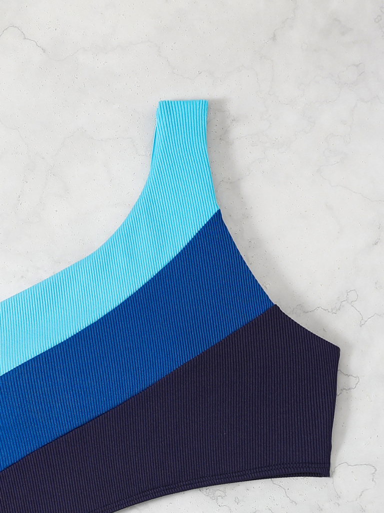Costume Intero Blu Monospalla a Righe Color Block Anni '40 8
