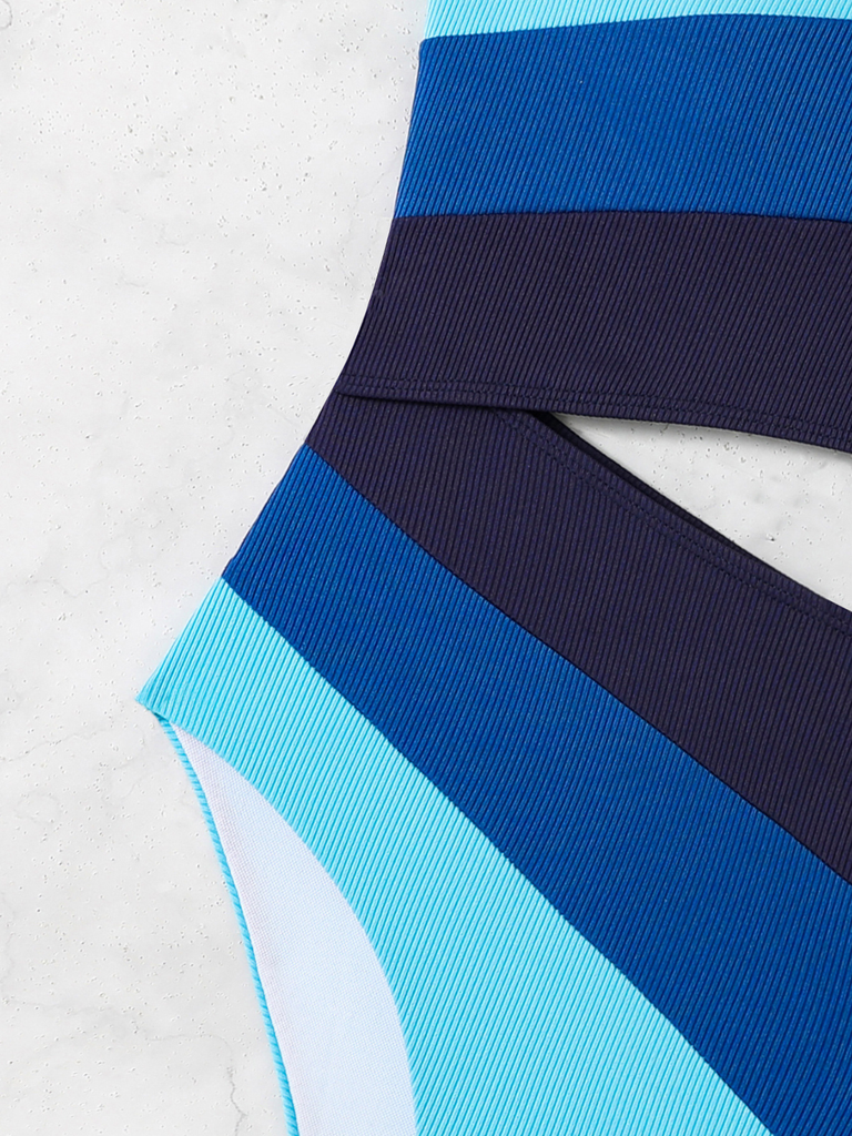 Costume Intero Blu Monospalla a Righe Color Block Anni '40 7