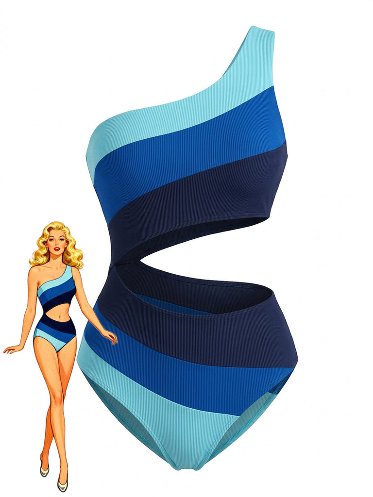Costume Intero Blu Monospalla a Righe Color Block Anni '40