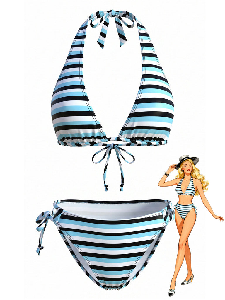 Set Tankini a Righe Halter con Nodo Blu Anni '40
